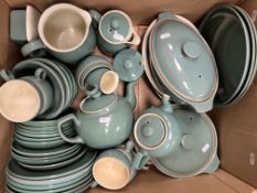 A collection of various Denby twin tone green glazed dinner wares and a box of various china wares
