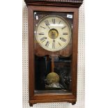 An early 20th Century oak cased drop dial wall clock by Recorders Ltd of London, 44 cm wide x 86.