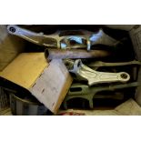 A box containing various aeronautical spares and parts including elevator levers,
