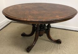 A Victorian Irish burr walnut loo table with amboyna banded and marquetry inlaid decoration,