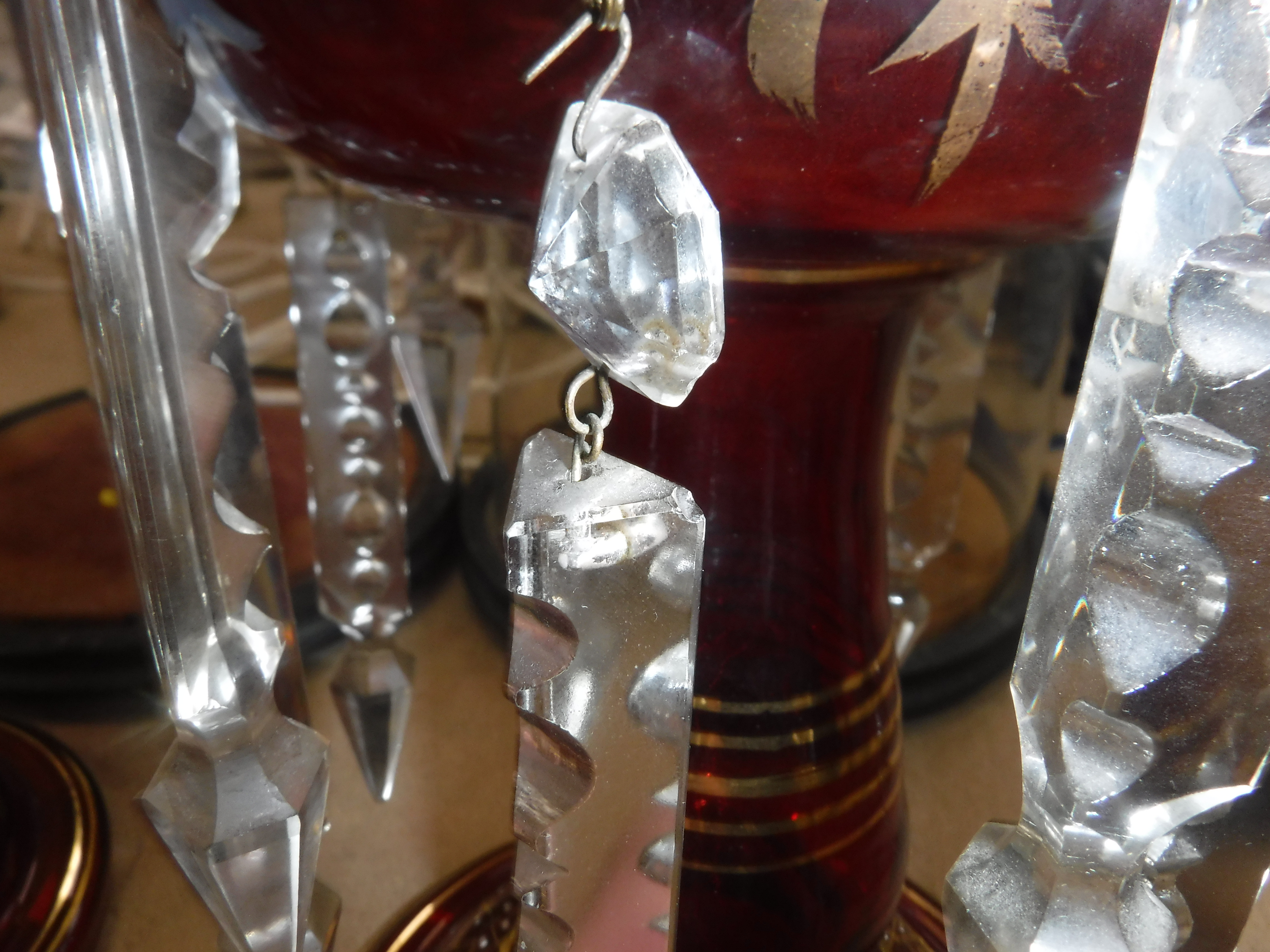 A pair of ruby glass table lustres with painted floral and gilded decoration, - Image 8 of 17