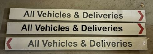 Three enamel signs with directional arrows "All Vehicles & Deliveries" (x 3),