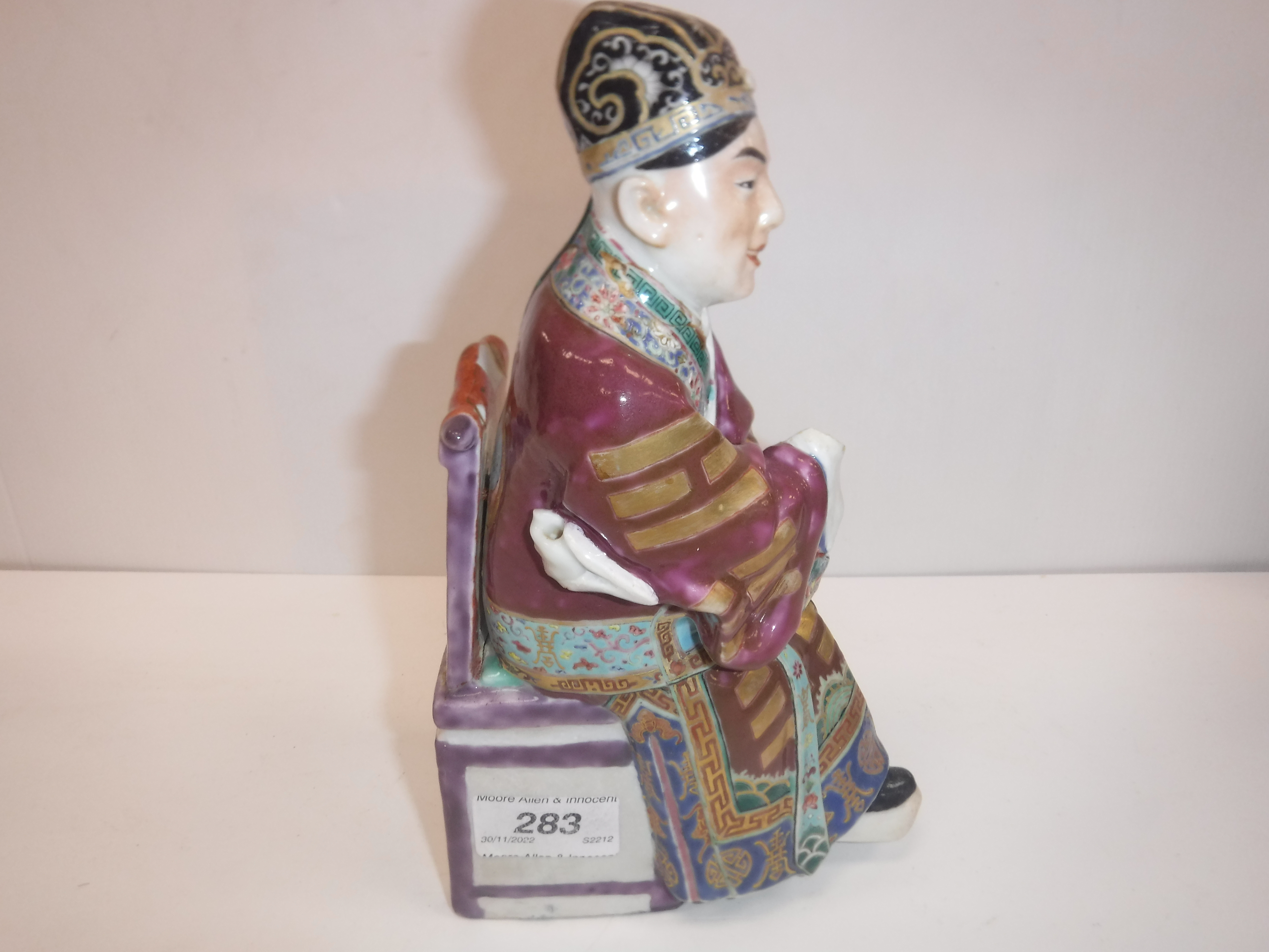 A set of three 19th Century Chinese polychrome decorated figures, one seated, one bearing sword, - Image 9 of 37