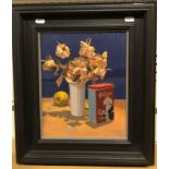 CHRISTOPHER AGGS RVA "Still life with cocoa tin", oil on board, initialed lower left,