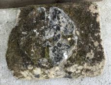 A pair of composite stone corbels with rose head decoration, one approx 40 cm x 19 cm x 35 cm,