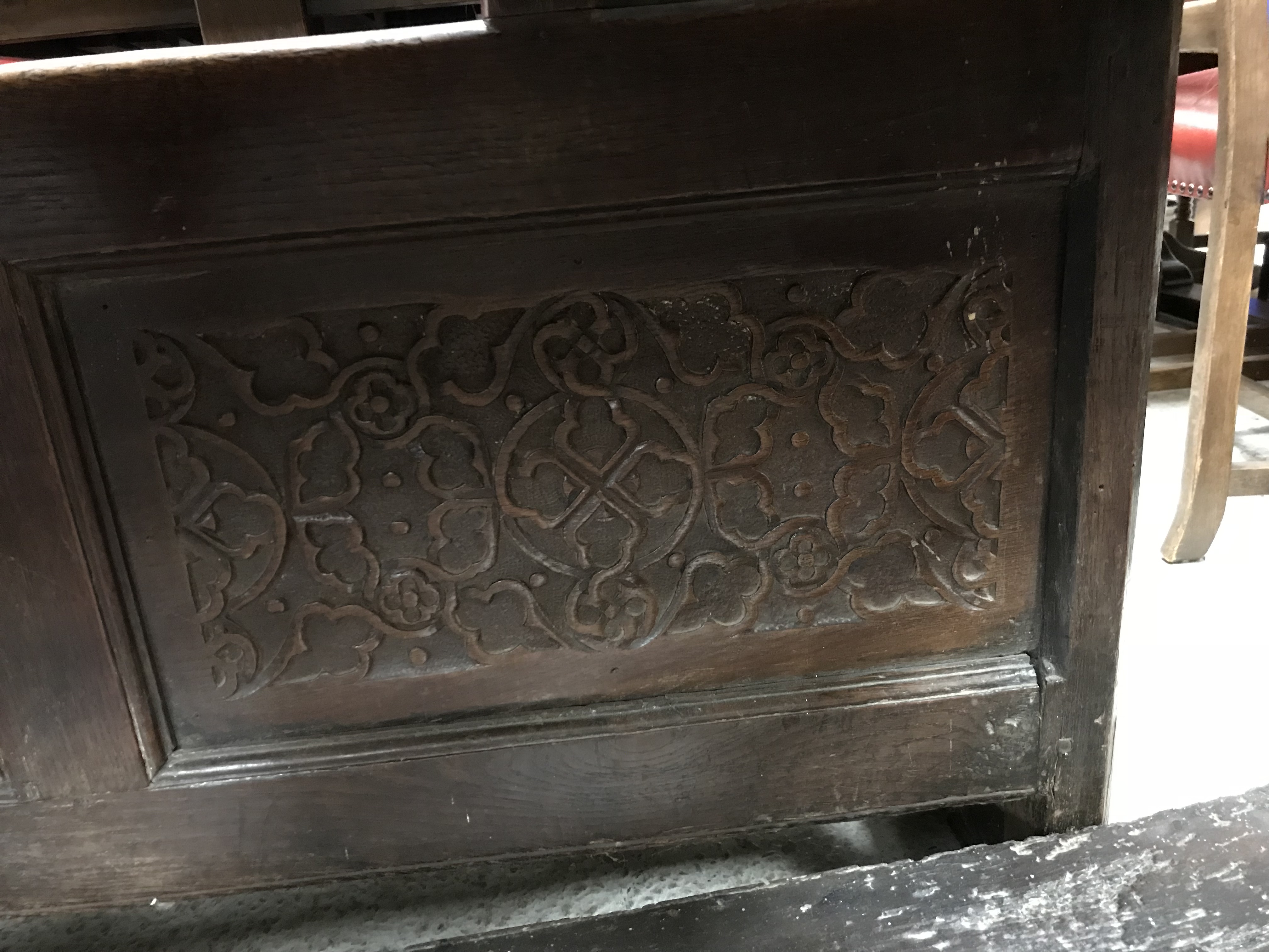 A 19th Century English oak and carved crib of typical form, - Image 2 of 2