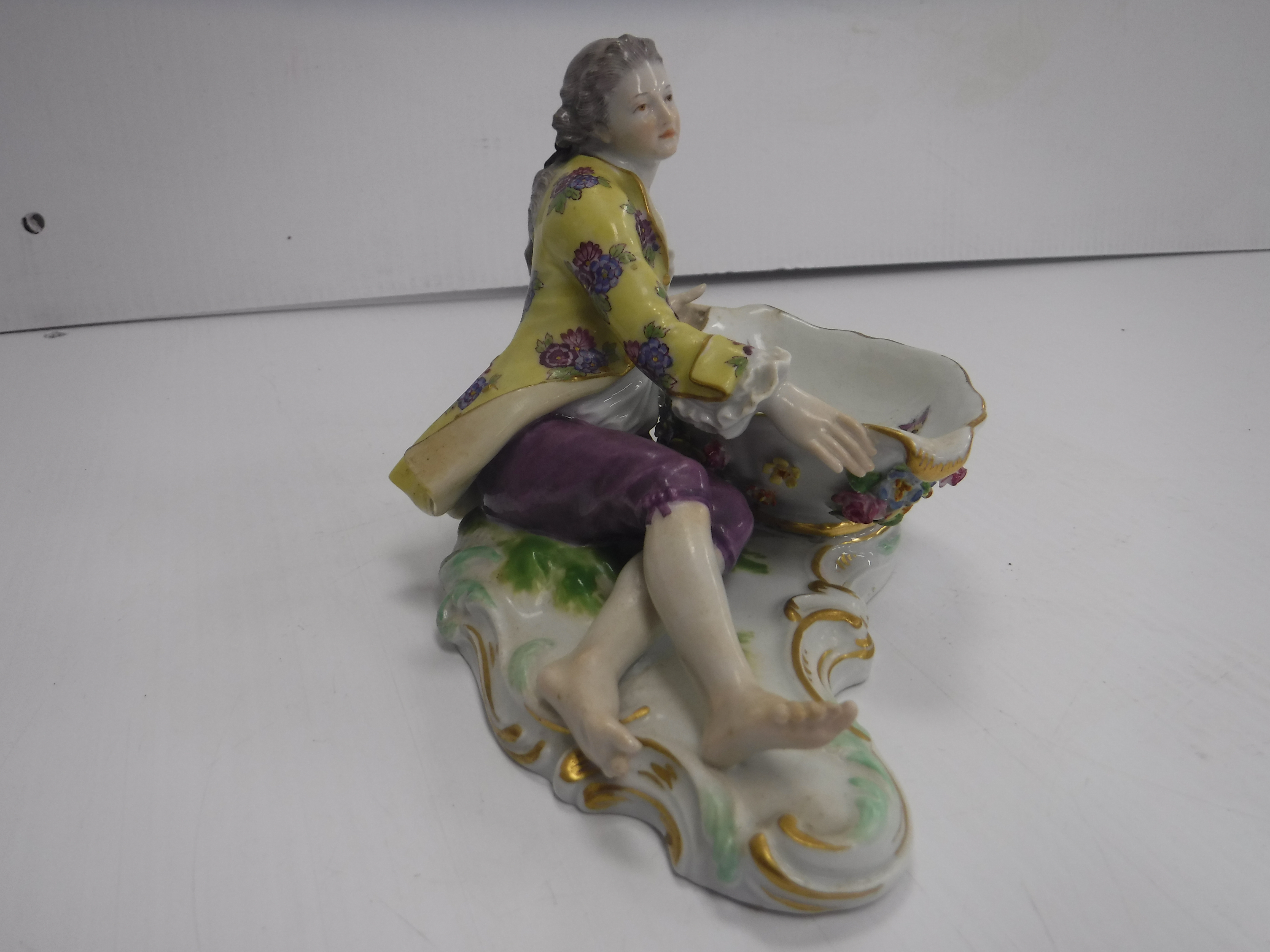 A Meissen figural salt as a man in 18th Century dress beside a large boat shaped dish with floral - Image 9 of 16