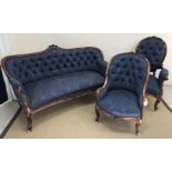 A Victorian salon suite comprising settee and lady's and gentleman's armchairs,