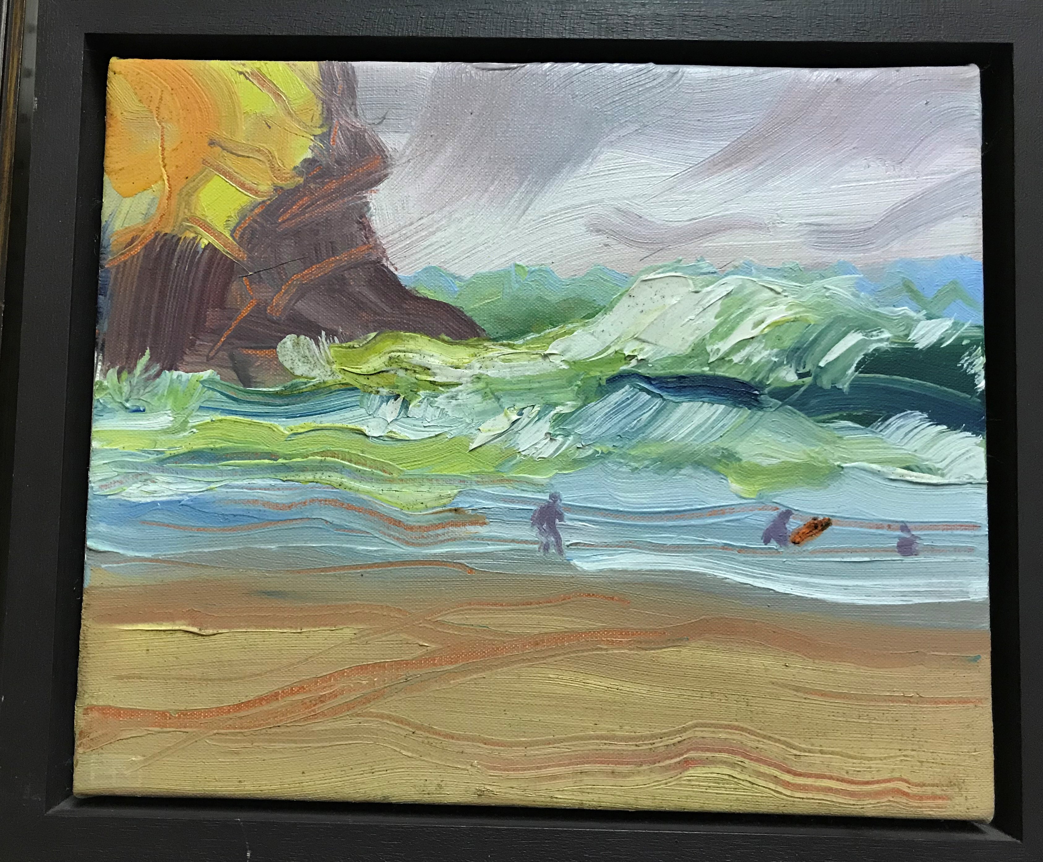 FIONA MCINTYRE "Surfing at Chapel Porth", acrylic on canvas, unsigned, inscribed on label verso,
