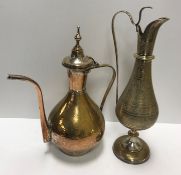 A 20th Century Middle Eastern engraved brass coffee pot of gourd form (formerly plated) 37 cm high