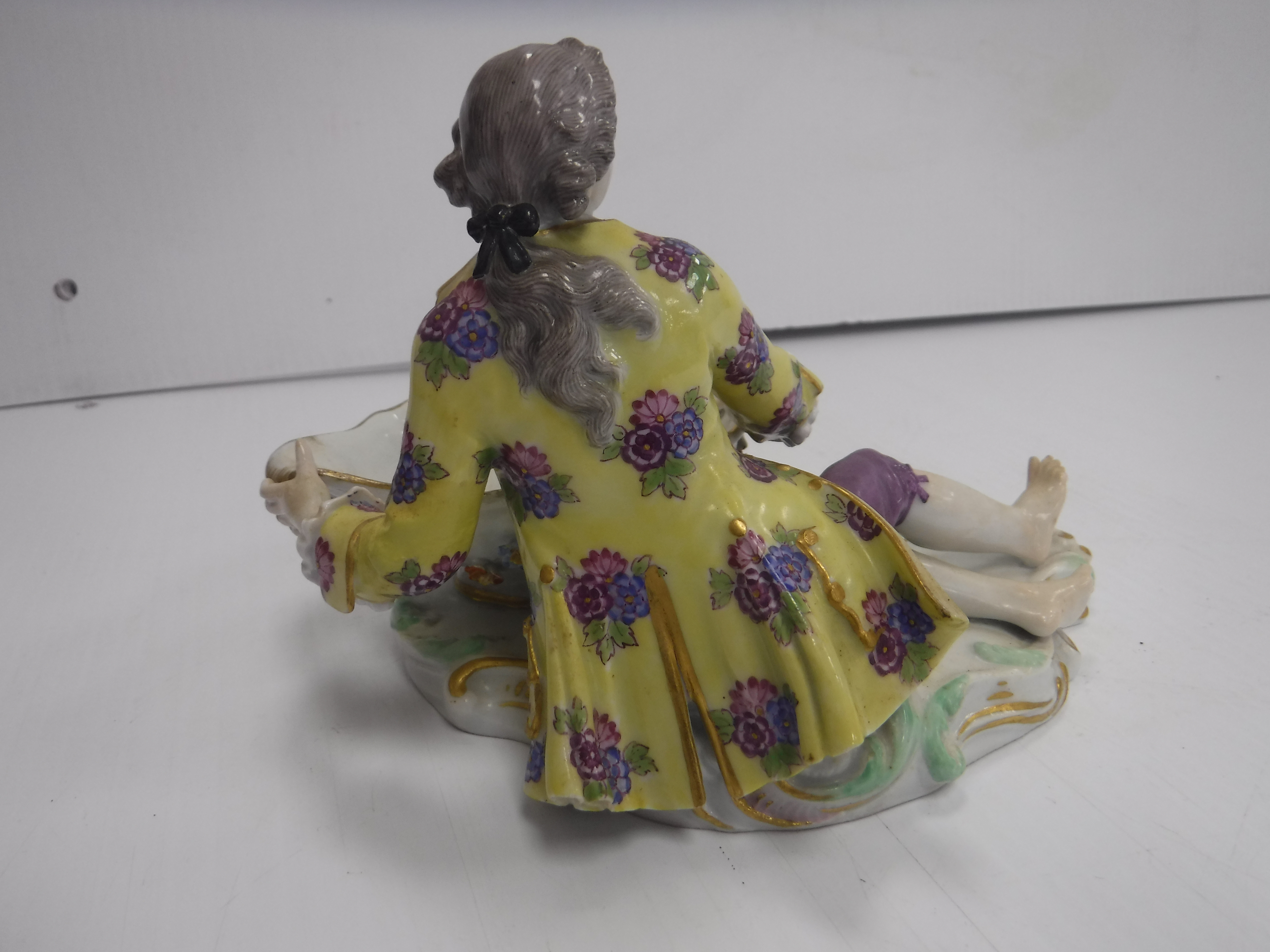 A Meissen figural salt as a man in 18th Century dress beside a large boat shaped dish with floral - Image 10 of 16