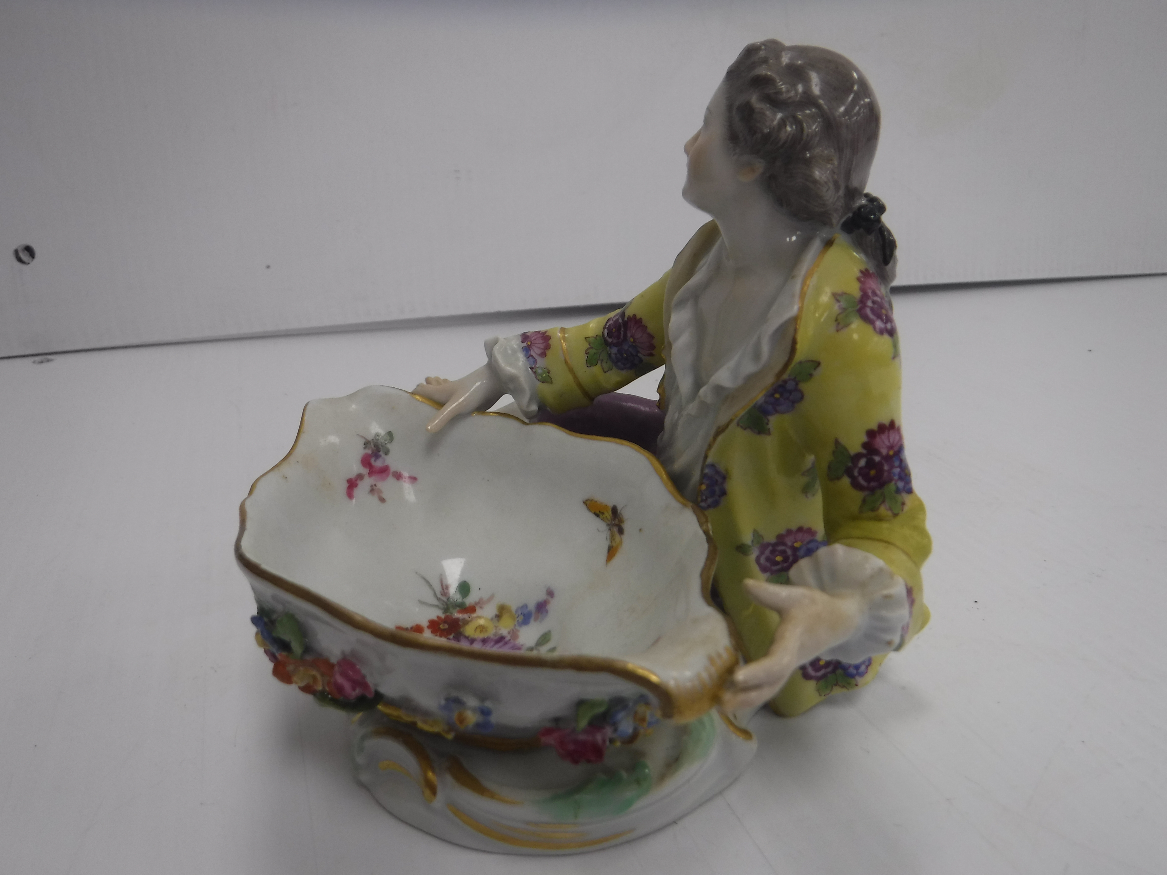 A Meissen figural salt as a man in 18th Century dress beside a large boat shaped dish with floral - Image 11 of 16