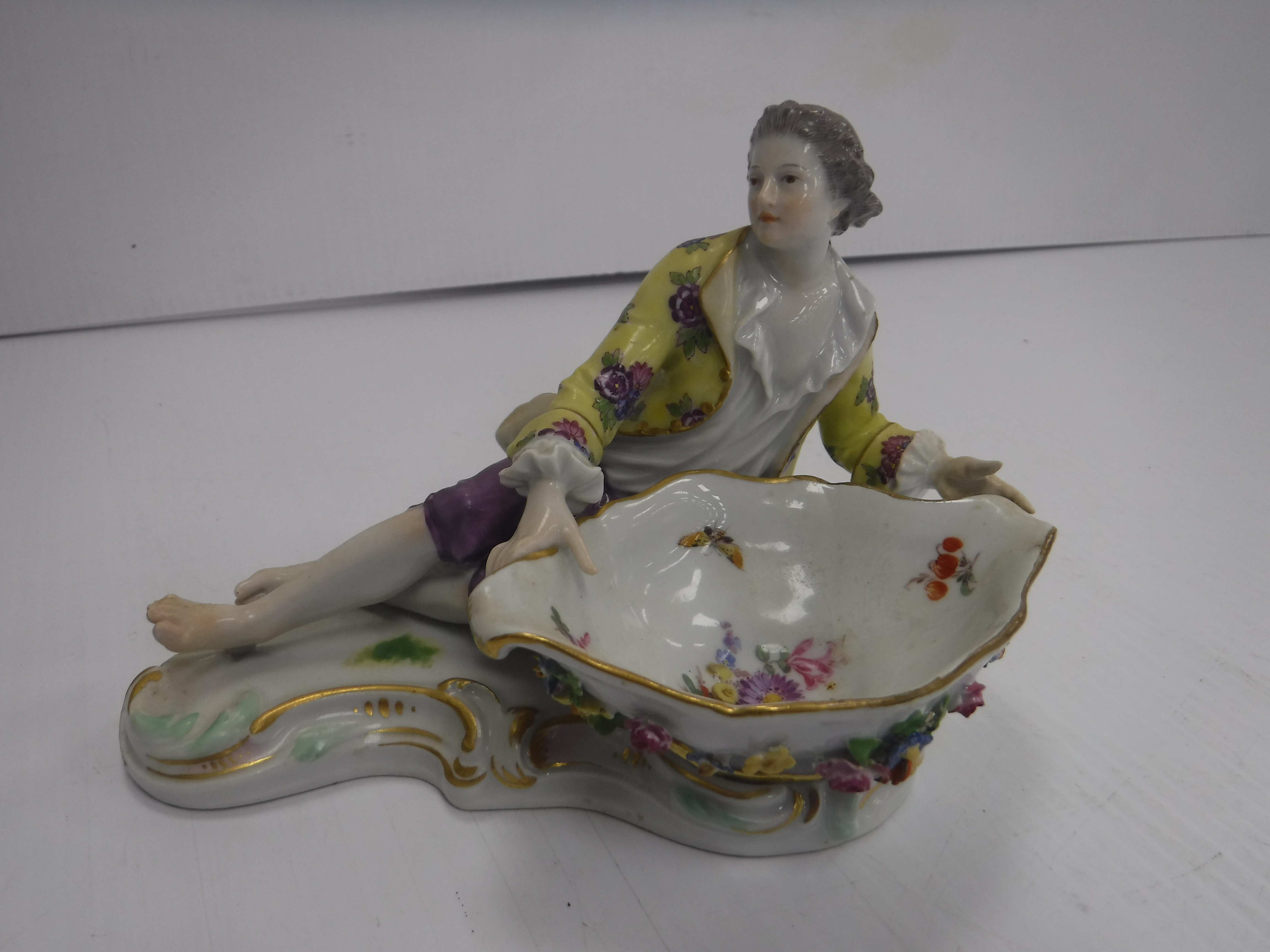 A Meissen figural salt as a man in 18th Century dress beside a large boat shaped dish with floral - Image 2 of 16