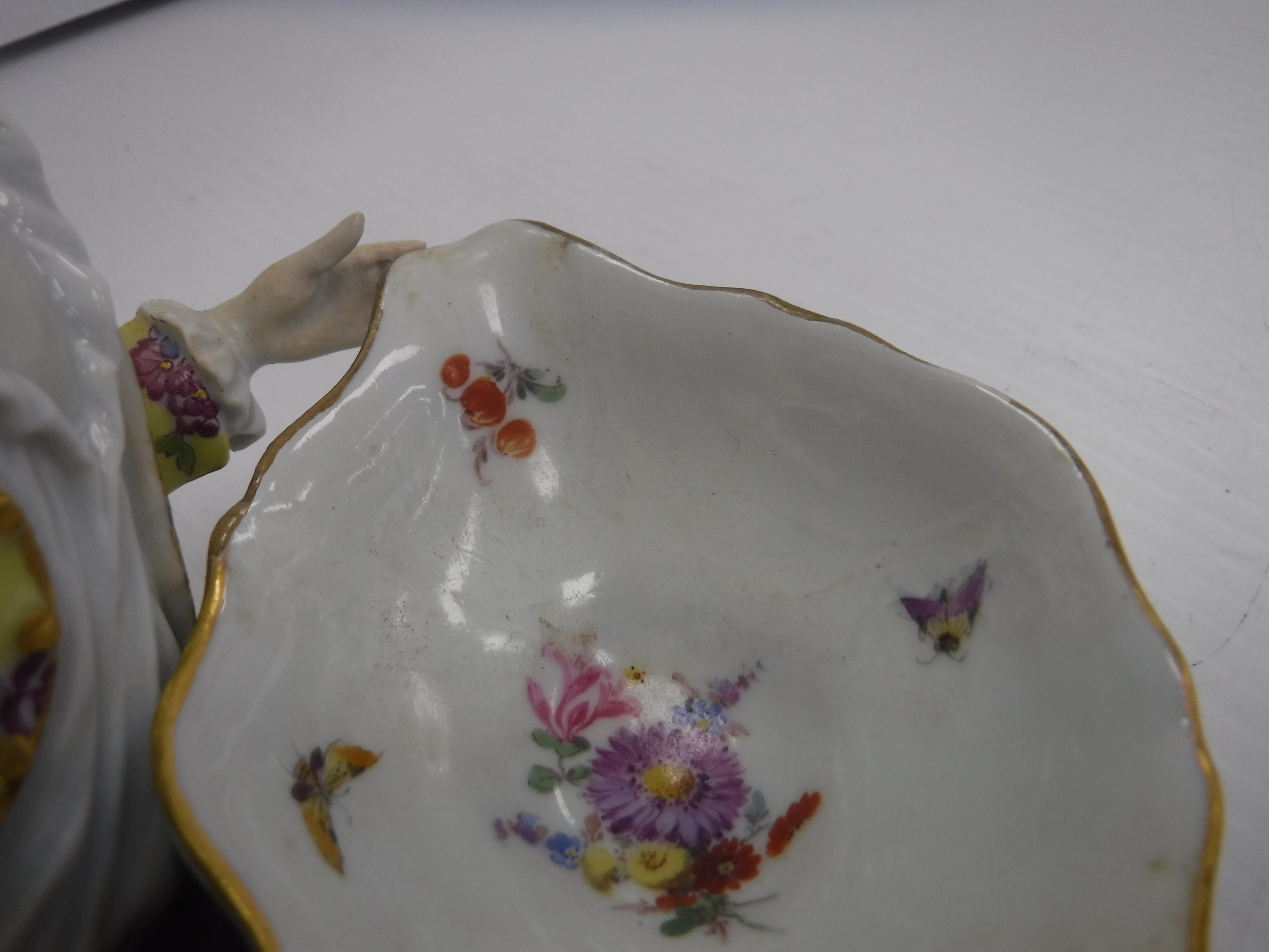 A Meissen figural salt as a man in 18th Century dress beside a large boat shaped dish with floral - Image 3 of 16