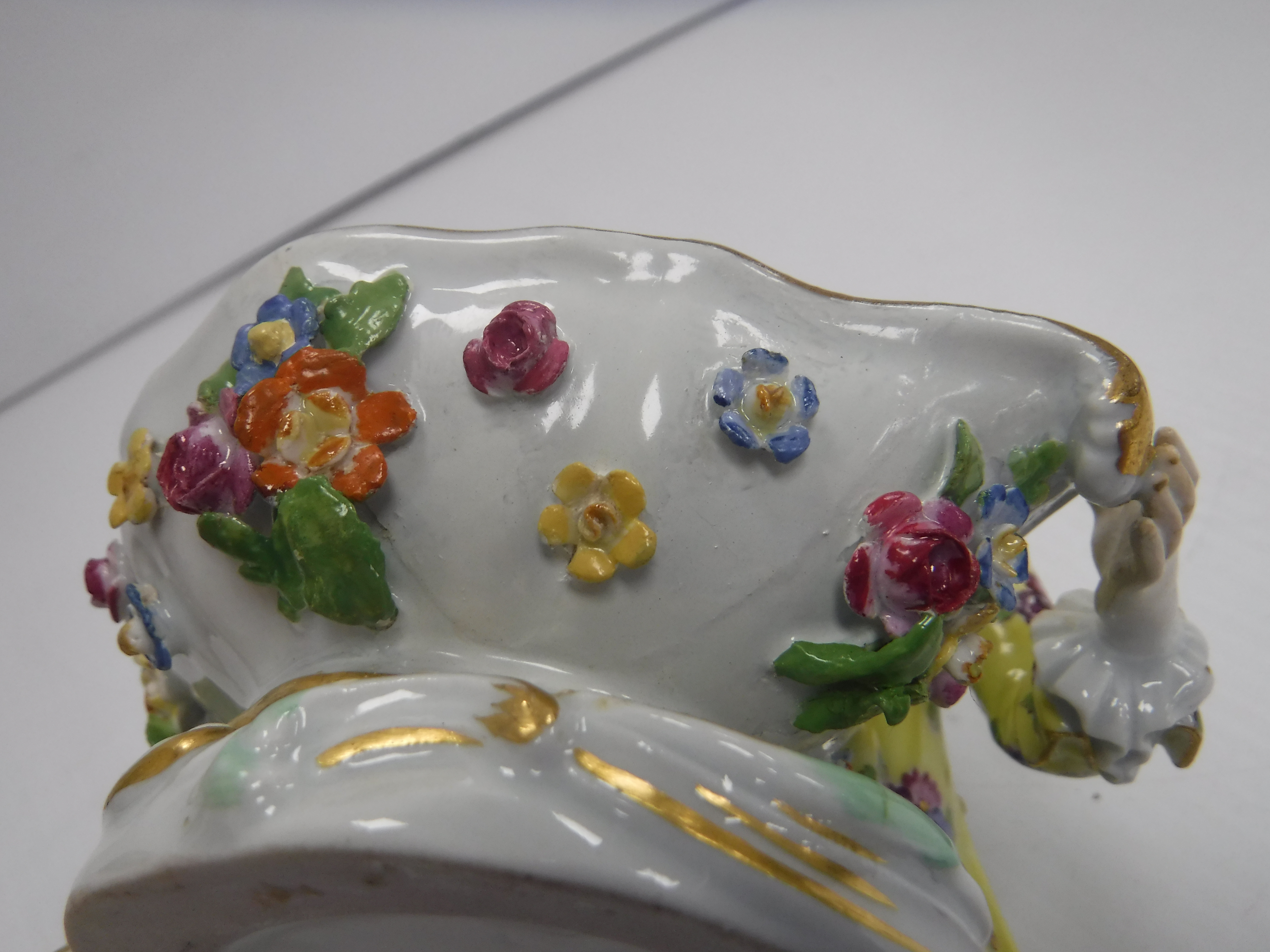 A Meissen figural salt as a man in 18th Century dress beside a large boat shaped dish with floral - Image 4 of 16