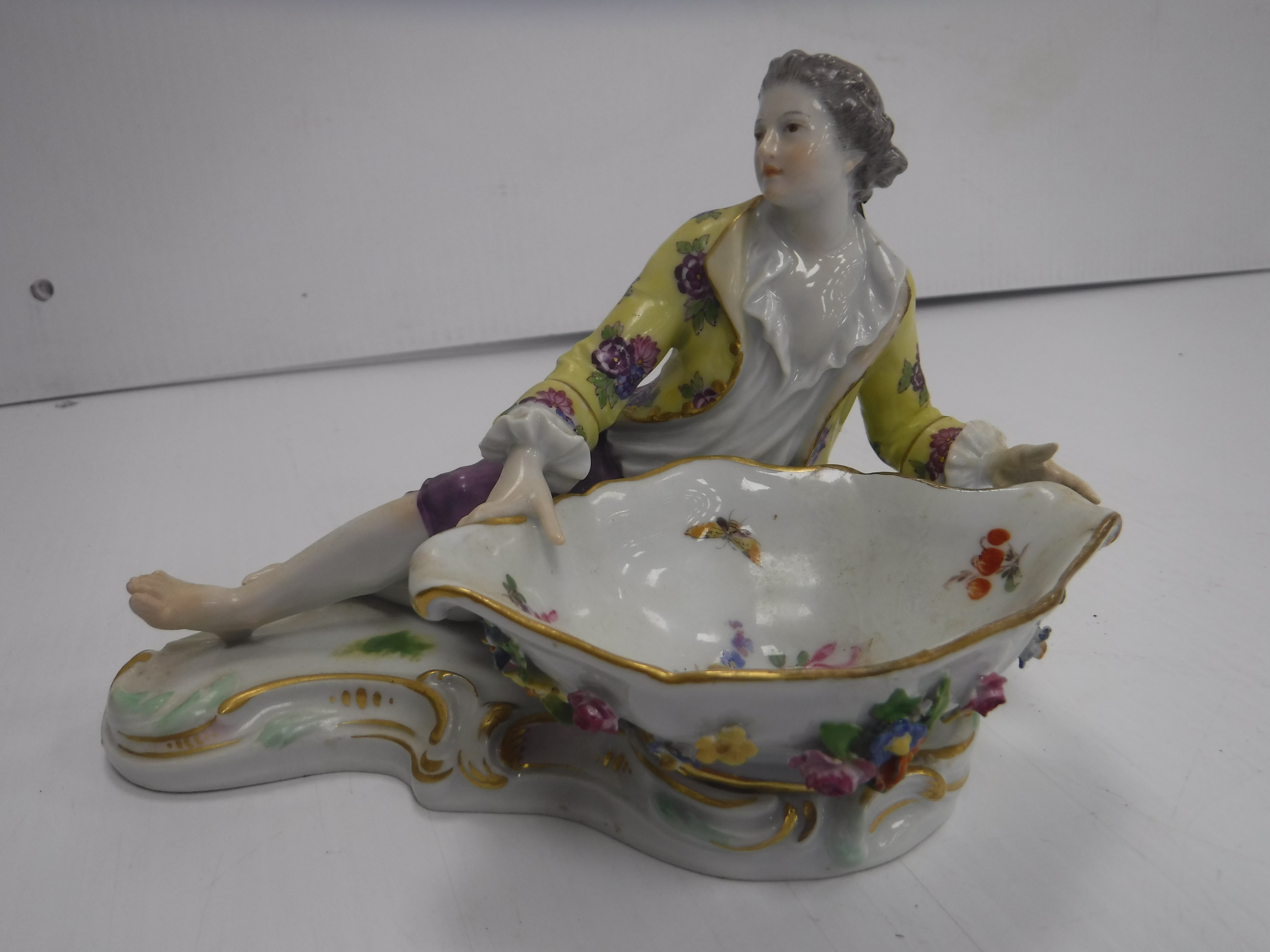 A Meissen figural salt as a man in 18th Century dress beside a large boat shaped dish with floral - Image 8 of 16