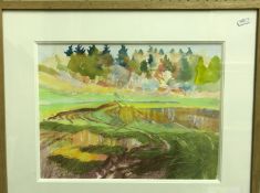 FIONA MCINTYRE "Woodland clearing with trees in background", mixed media, signed lower left,