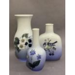 Three Royal Copenhagen vases painted with blackberries and blossom, No. 1288757, 18cm, bottle shaped