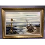Inches, moored fishing boat in a coastal landscape, oil on board, signed to lower right, 50cm by