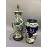 A chinoiserie pottery table lamp and a chinoiserie pottery vase