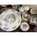 An Aynsley china cake plate, Masons pottery tea caddy and square dish, china vases and pin dishes,