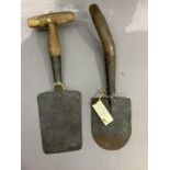 Two antique Fenland planting spades, one with a T-shaped handle and the other with a natural