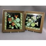 A pair of Minton's tiles painted with nasturtiums within pale blue and green borders, oak framed,