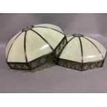 A pair of nine sided opaque panel and glass ceiling light shades, 36cm diameter