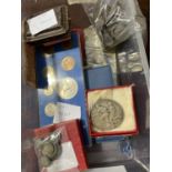 Box of mainly English pre-decimal currency including 1953 uncirculated set, pre-47 silver coins,