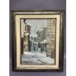 J Yartseven, a snow covered street scene with figures, oil on board, signed and dated 93 to lower