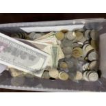 Tub of mainly foreign obsolete coins plus banknotes