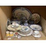 Items of blue and white ware including soup tureen and cover, a vase, meat plate, fruit decorated