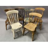 A harlequin set of six Victorian spindle back farmhouse chairs, stripped, painted and partially