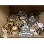 Salt glaze dish, storage jar and other pottery cook ware, decorative plates, teapot stand, Imari