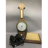 A barometer thermometer (at fault), a pair of binoculars, a Victorian mahogany foot stool frame on