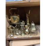 A quantity of brassware to include kettle of oval outline, pair of barley twist candlesticks,