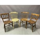 A pair of Victorian spindle back country chairs and two rail back chairs, all on turned legs