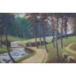 W* BARTON (mid 20th century), Riverside pathway with trees, oil on board, signed and dated 1909,