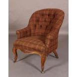 A VICTORIAN MAHOGANY ARMCHAIR, button back upholstered in brown, aubergine and fawn check,
