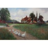 ARTHUR WILLIAM HEAD (1861-1930), Ducks on a pathway, figures beside a pond and cottages, oil on