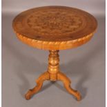A VICTORIAN WALNUT PARQUETRY PEDESTAL TABLE, circular, inlaid in rosewood, boxwood, satinwood and