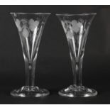 A PAIR OF MID 18TH CENTURY ALE GLASSES, the funnel bowls engraved with barley and hops, on a drawn