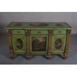 A CONTINENTAL PAINTED AND GILDED BREAKFRONT SIDE CABINET, the surface painted with a hunting scene