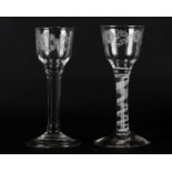 A MID 18TH CENTURY WINE GLASS, the ogee bowl engraved with a band of flowerheads and leaves on a