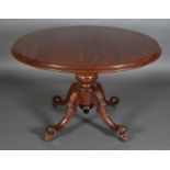 A VICTORIAN MAHOGANY BREAKFAST TABLE, the circular tilt top on a turned column and leaf capped
