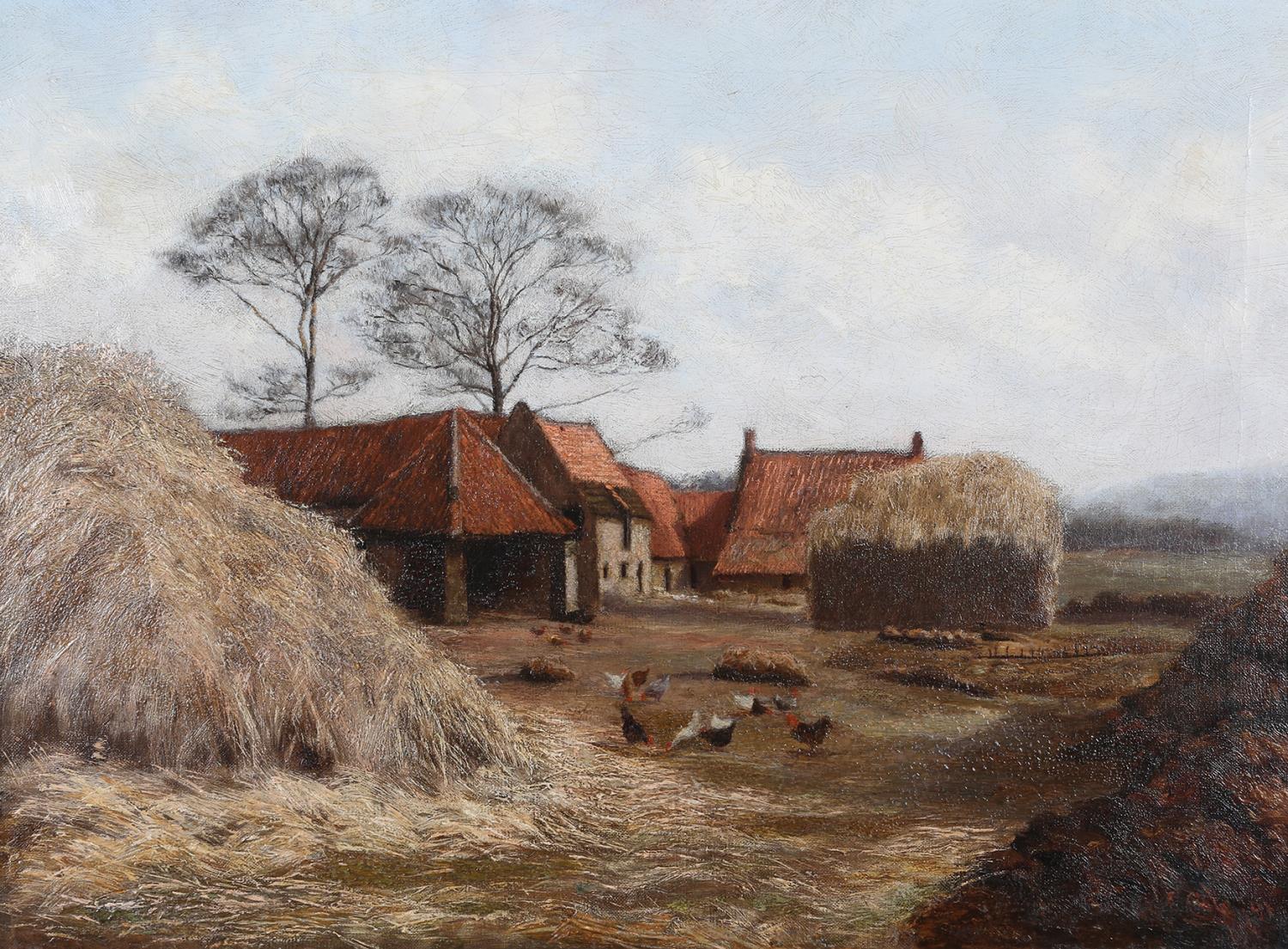 *COLE (Late 19th century), Farmyard with hayricks and chickens, oil on canvas, signed and dated (