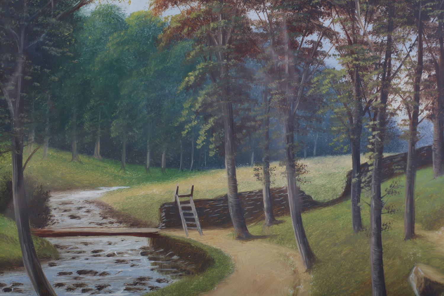 W* BARTON (mid 20th century), Riverside pathway with trees, oil on board, signed and dated 1909, - Image 3 of 4