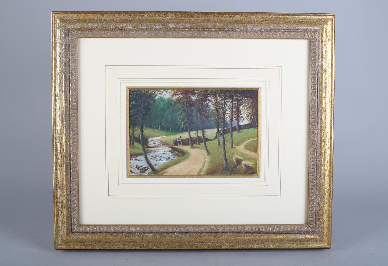 W* BARTON (mid 20th century), Riverside pathway with trees, oil on board, signed and dated 1909, - Image 2 of 4