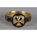 A VICTORIAN ENAMEL AND DIAMOND MOURNING RING IN 18CT GOLD, the patée formée cross set with four