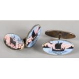 A PAIR OF ENAMELLED ON SILVER CUFFLINKS BY DAVID ANDERSEN, each oval face set with a guilloche and